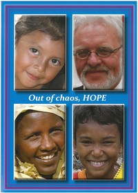 blue card featuring four faces from around the world; words Out of chaos, Hope