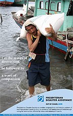 poster image; man walking through water with relief supplies over shoulder