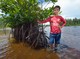 boy stands next to mangroves in water